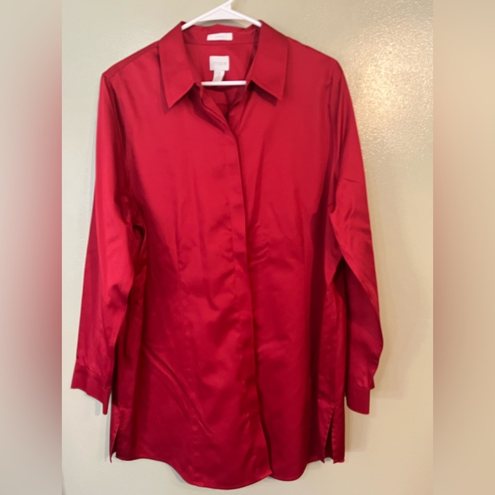 Chico's Scarlet Red  Button-Up Shirt Blouse Preppy Office  No Iron Holiday 2/XL